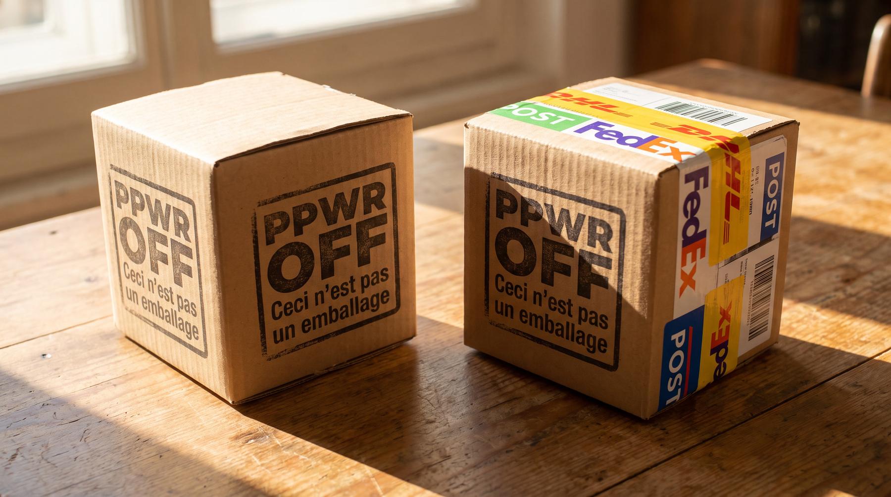 Two stamped cardboard boxes side by side on a wooden table by a sunlit window