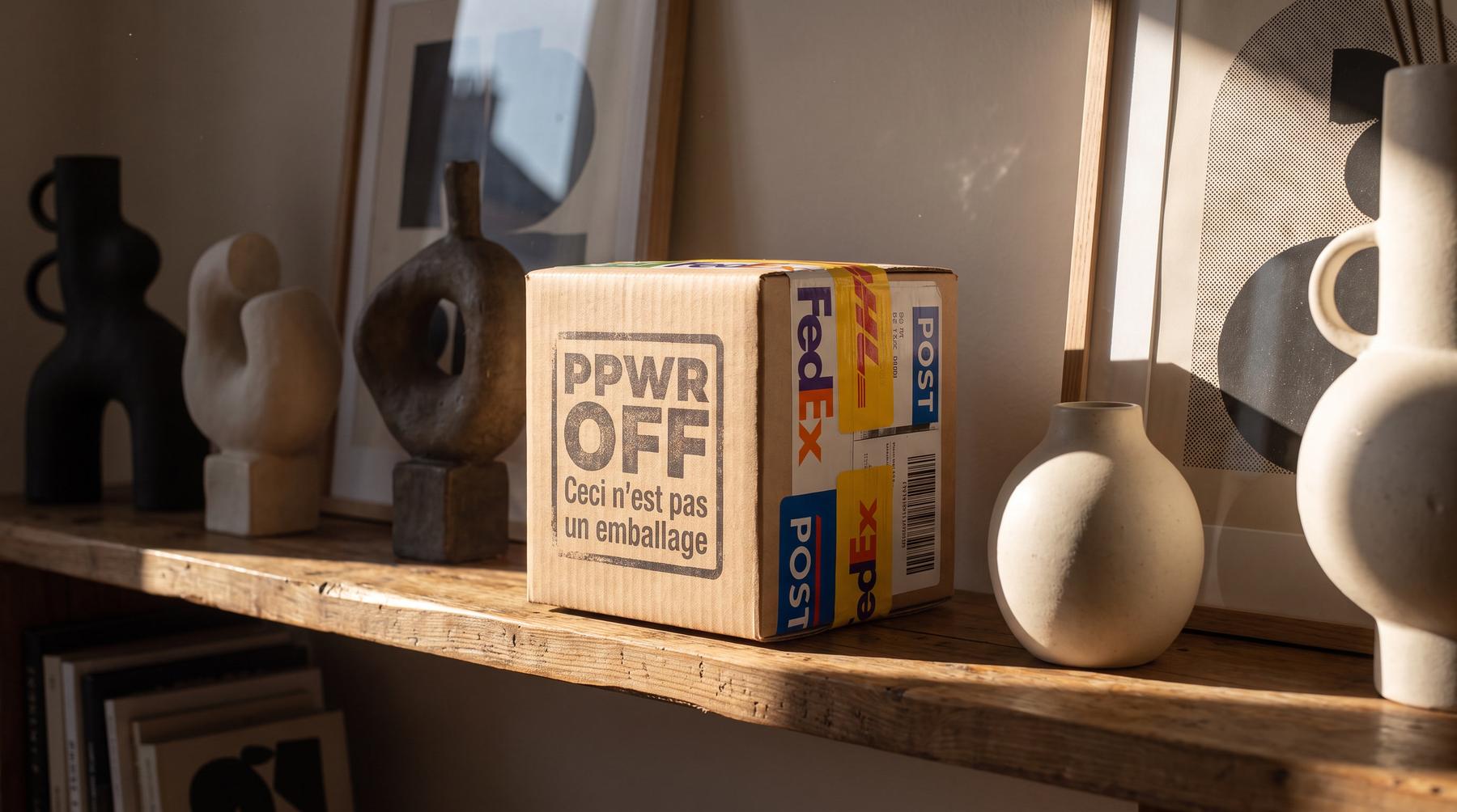 A cardboard box displayed inside a glass museum vitrine under gallery lighting