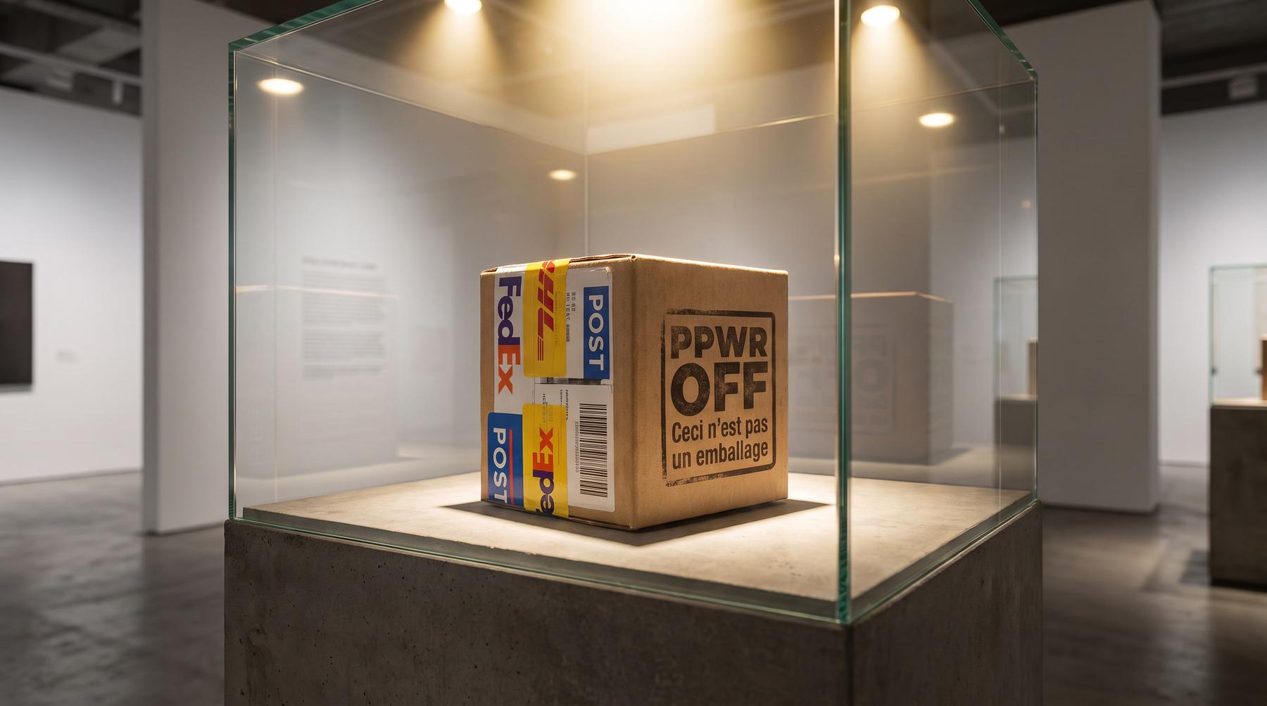 A stamped box resting on a shelf among ceramic vases and books