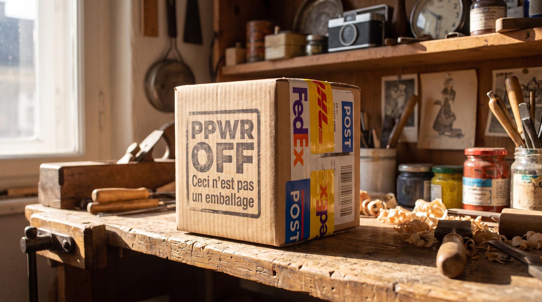 An old workshop bench with antique tools, tins, and a vintage camera