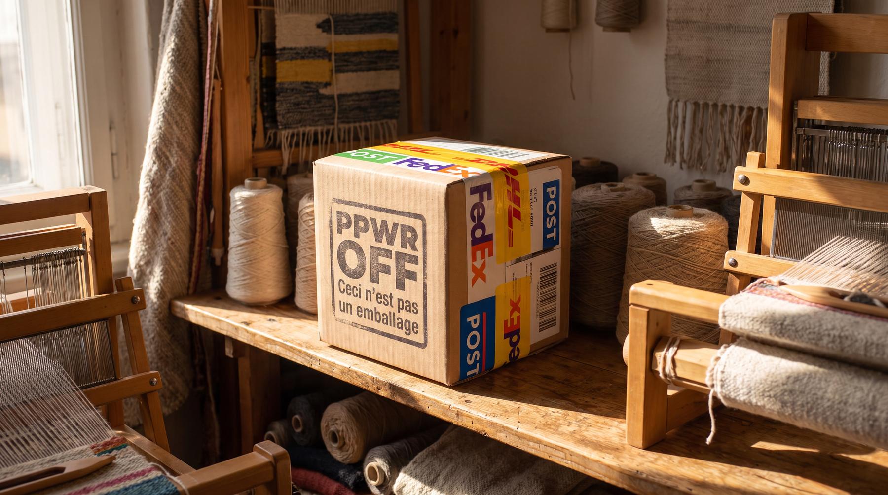 A wooden loom mid-project, spools of yarn on shelves around it