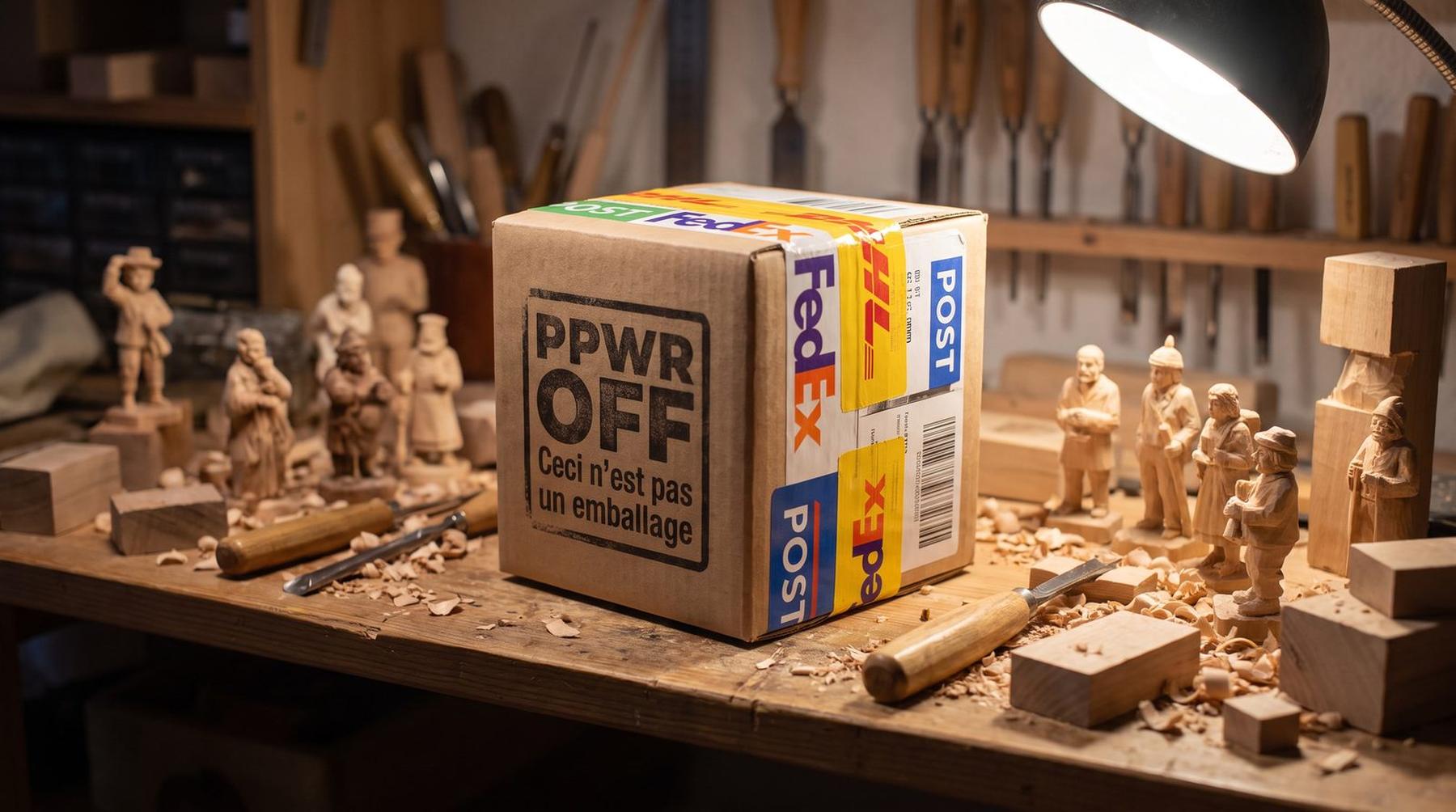 Hand-carved wooden figures on a workbench, surrounded by wood shavings